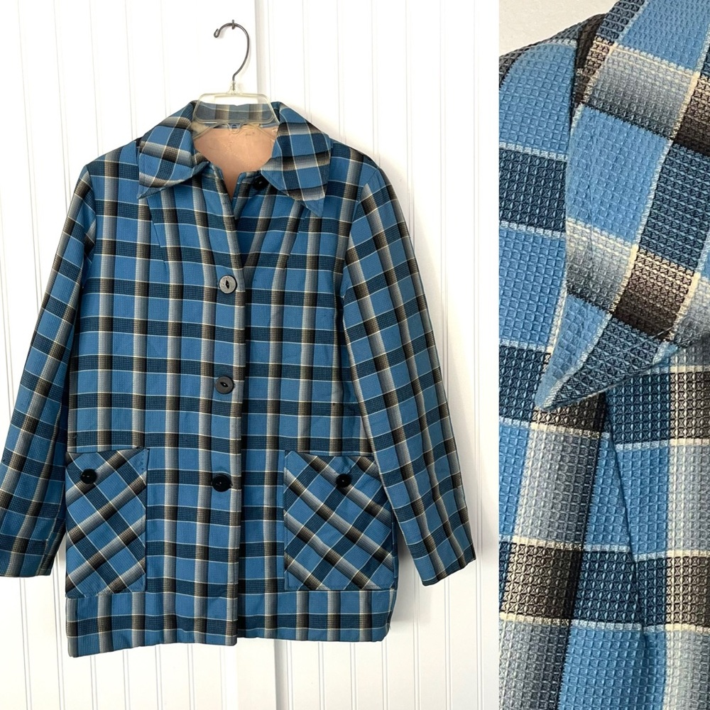 Vintage Blue Plaid Coat 1960s 70s Utility Barn Car Coat Butterfly Collar Quilted